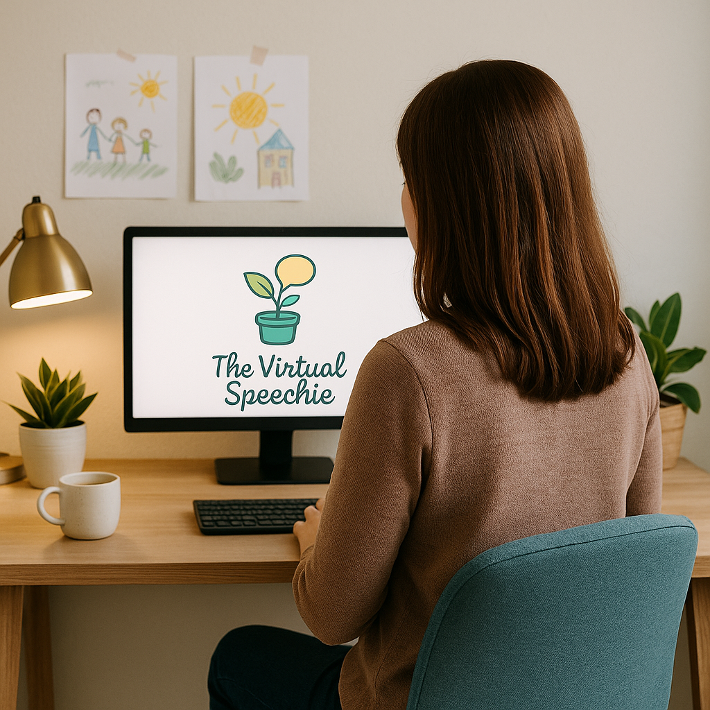 Speech pathologist conducting telehealth therapy