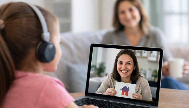 Child participating in online speech therapy for speech