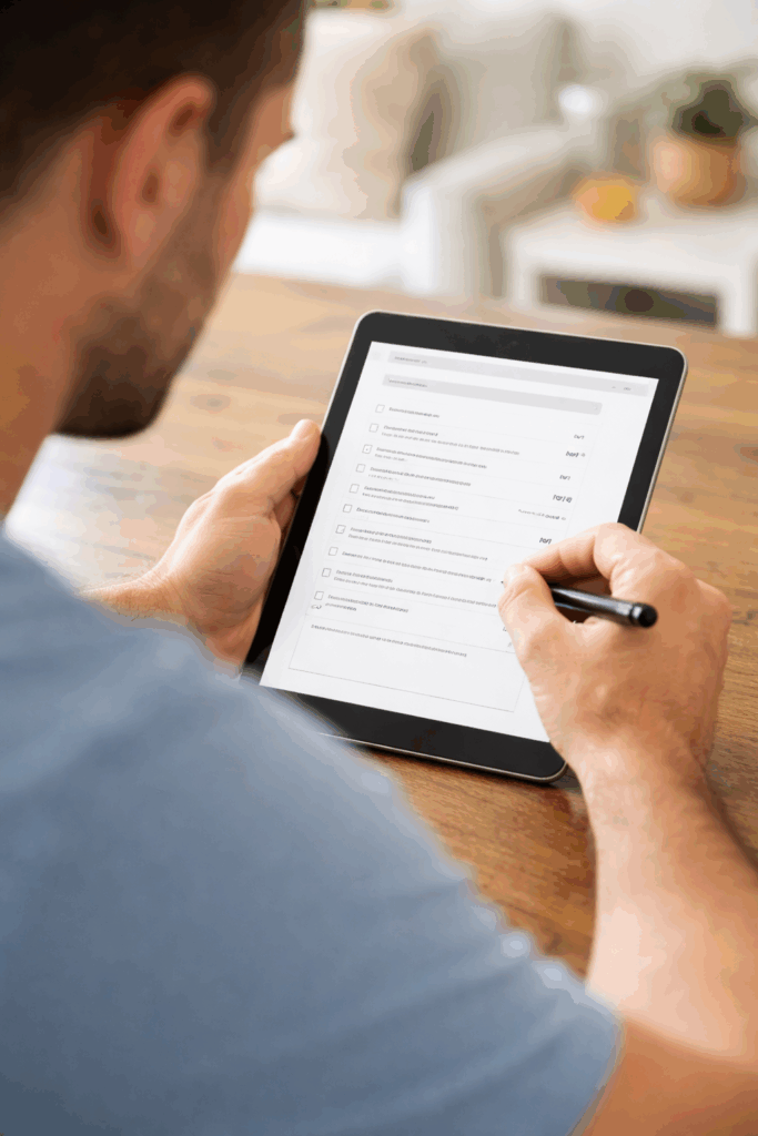 A father completes a case history form for the speech assessment from his ipad